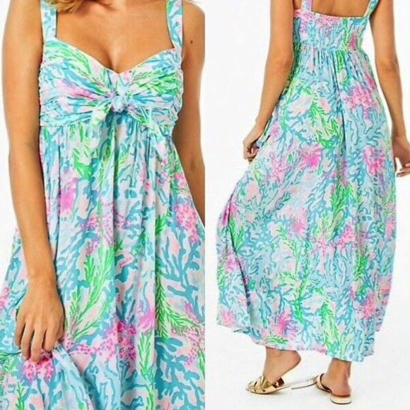 Lilly Pulitzer Sabrinah Midi Sleeveless Dress Coral Bay Blue White Pink Green 4